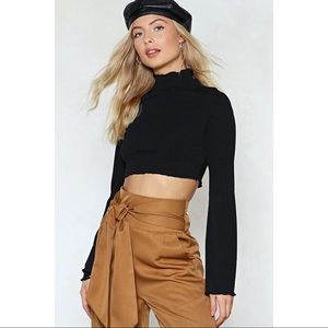 NWT Nasty Gal Black Ruffle Bell-Sleeved Crop Top